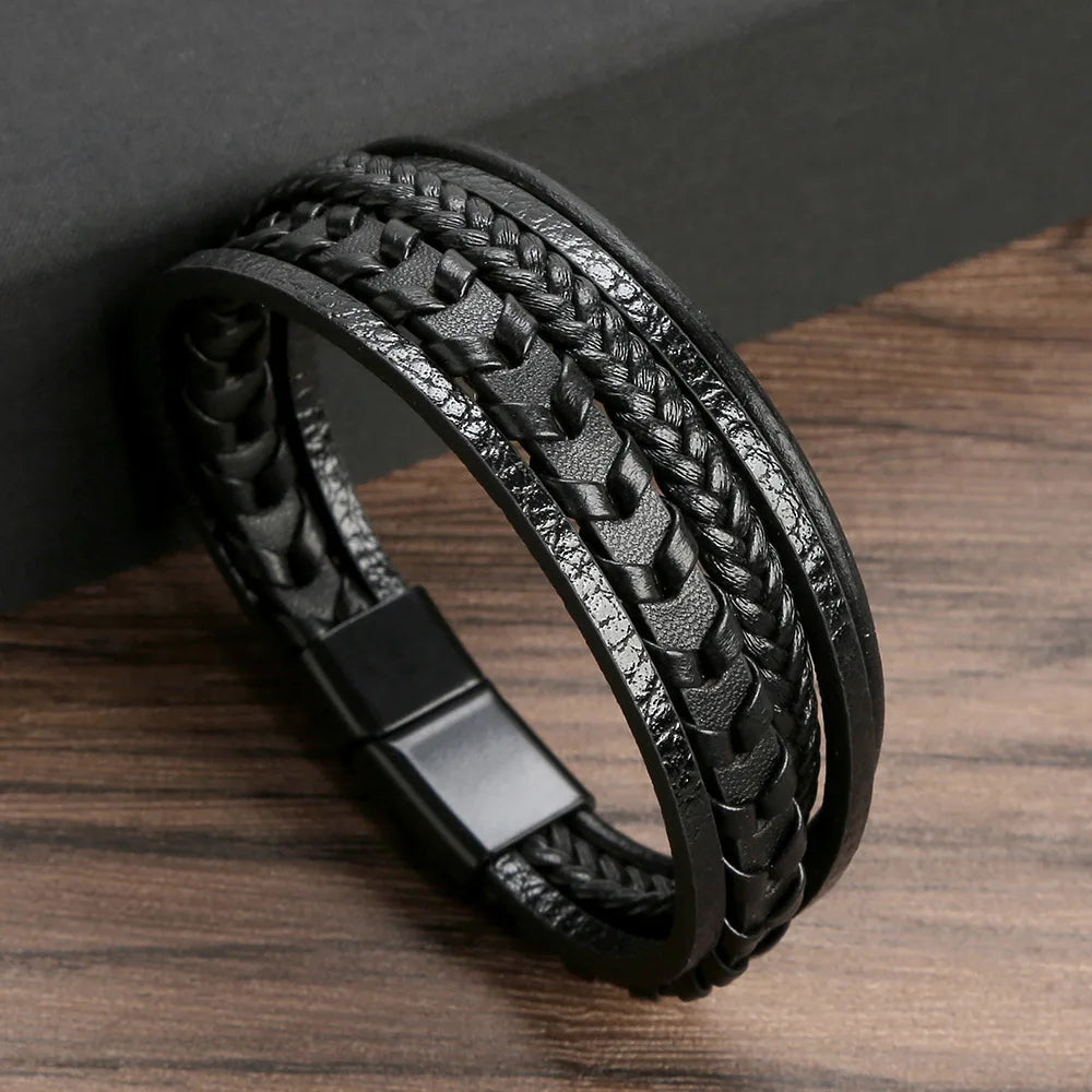 Multi Layer Braided Rope Bracelet for Men | Classic Handmade PU Leather Wristband with M detail view