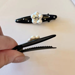 Sweet Polka Dot Pearl Flower Clip Womens Bangs Clip Elegant Fashion Korean Style Duckbill Hair Rhinestone Accessory Pair Set