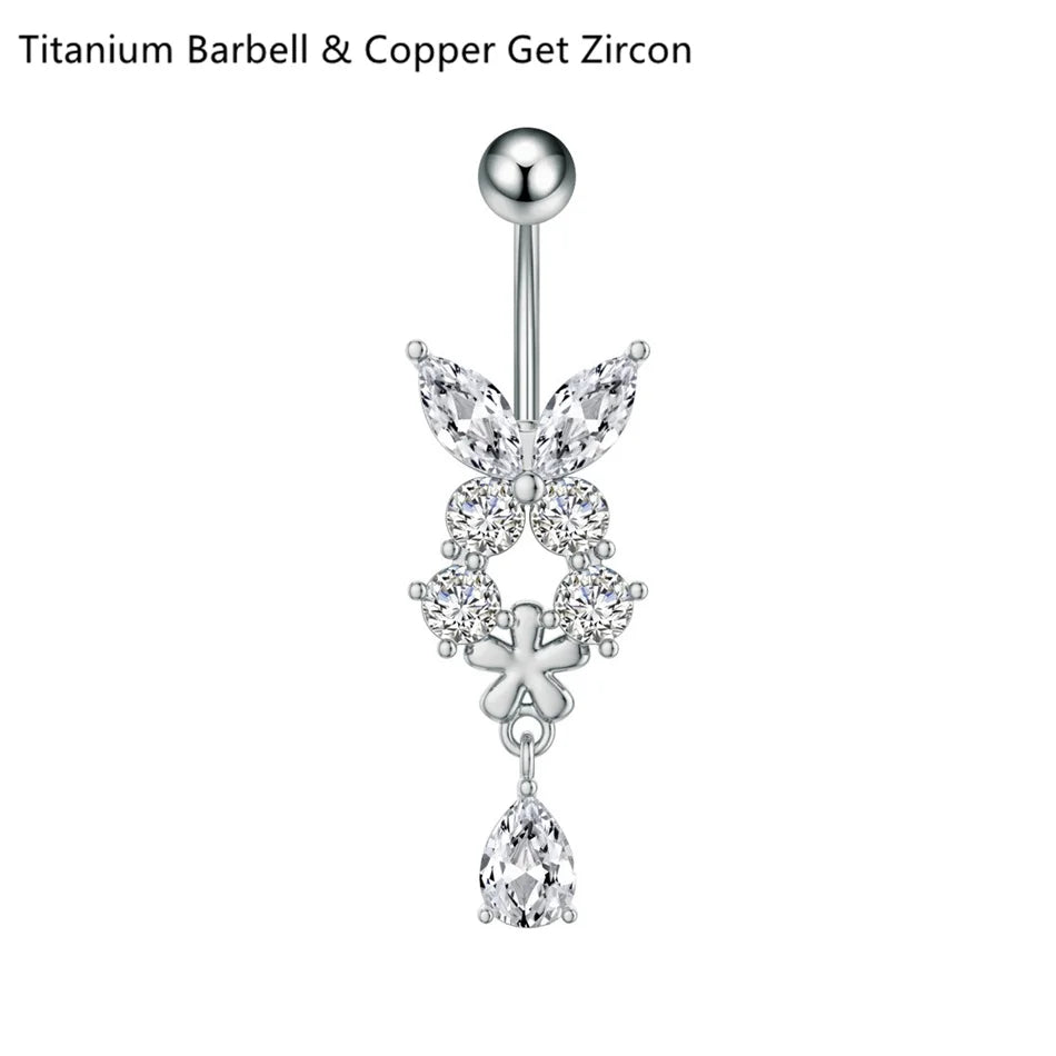 14G Crystal Heart Butterfly Dangle Belly Button Rings CZ Zircon Drop Navel Barbell Be lifestyle view