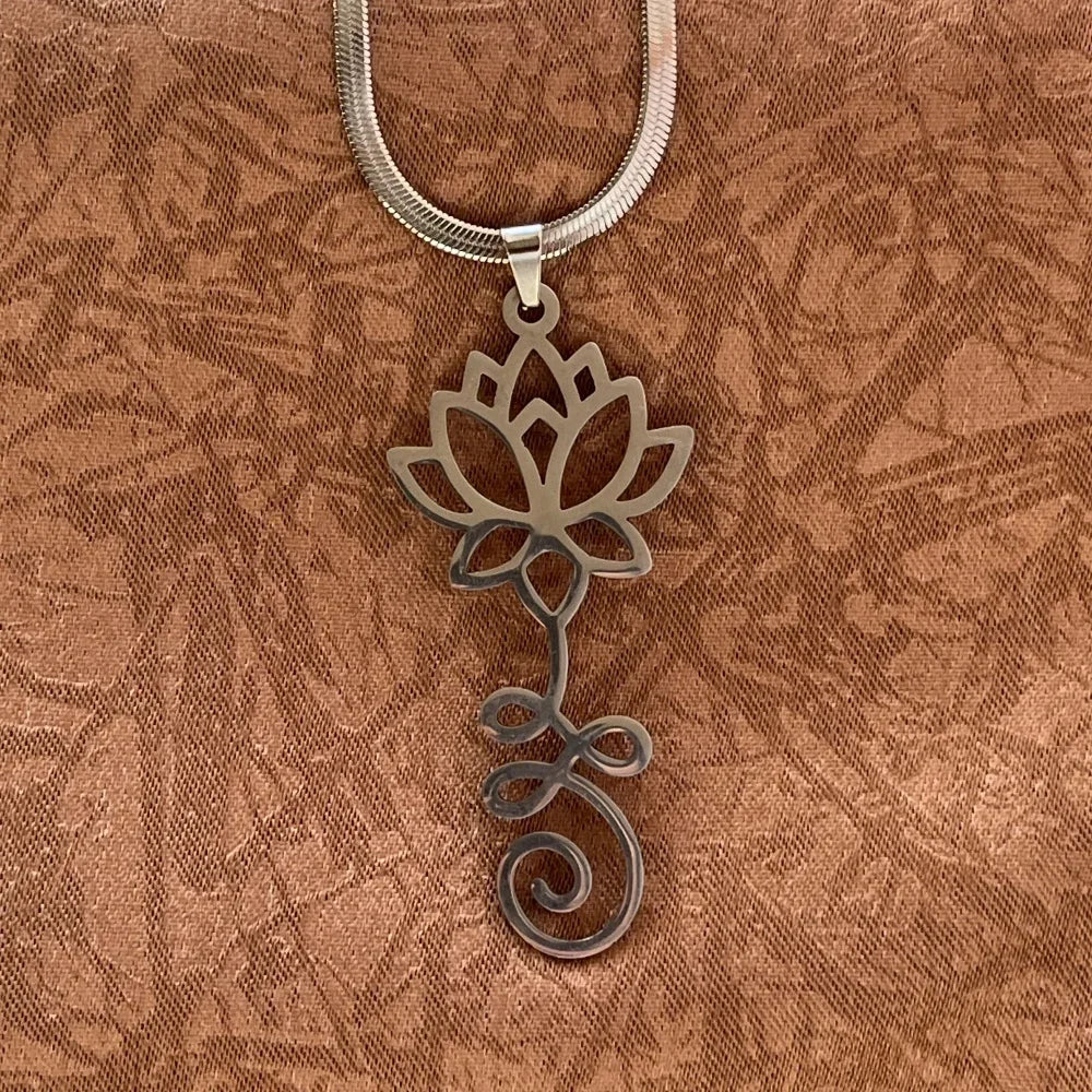 Stainless Steel Unalome Pendant Necklace | Yoga Jewelry with Lotus Flower additional angle