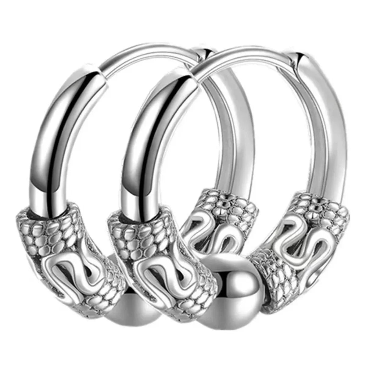 2/4pcs Punk Stainless Steel Round Circle Totem Hoop Earrings,Hip Hop Male Ear Piercin alternate view