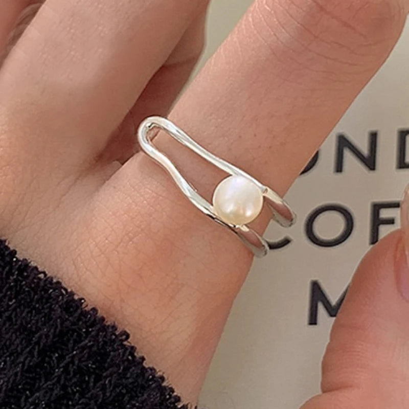 PANJBJ 925 Sterling Silver Pearl Irregular Ring for Women Shell Overlapping Hollow Sw alternate view