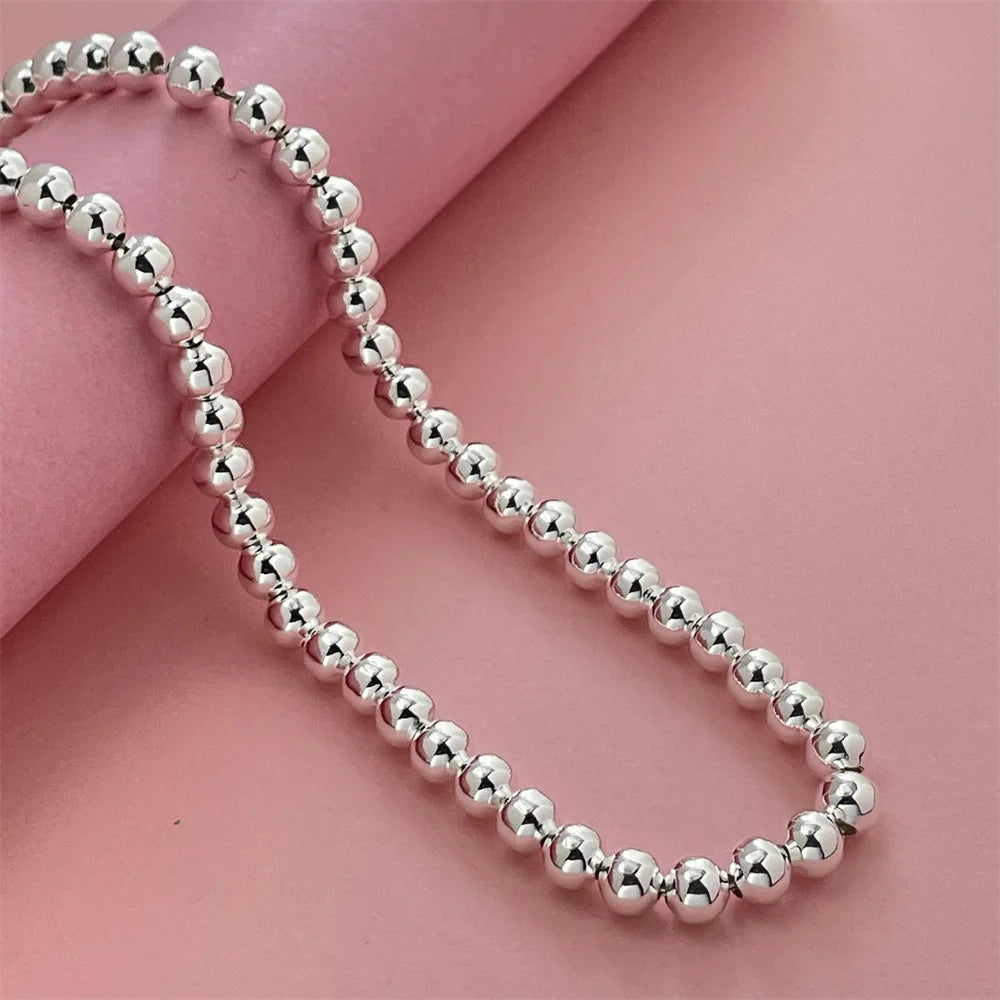 925 Sterling Silver Round Bead Chain Necklace 4/6/8mm Smooth Ball Beads 40-60CM Choke lifestyle view