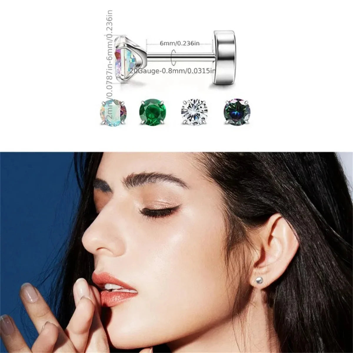 8 Pcs 20G Hypoallergenic Sparkly Cubic Zirconia Flatback Earring For Women Men, 316L lifestyle view