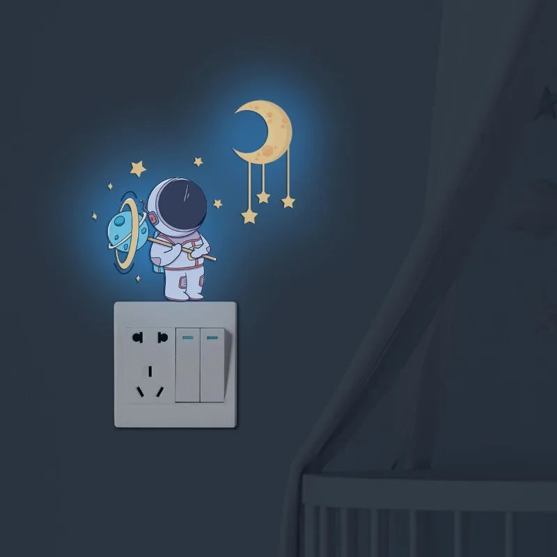 3PCS Luminous Astronaut Star Moon Switch Stickers | Glowing Wall Decals for Bedroom De close-up view
