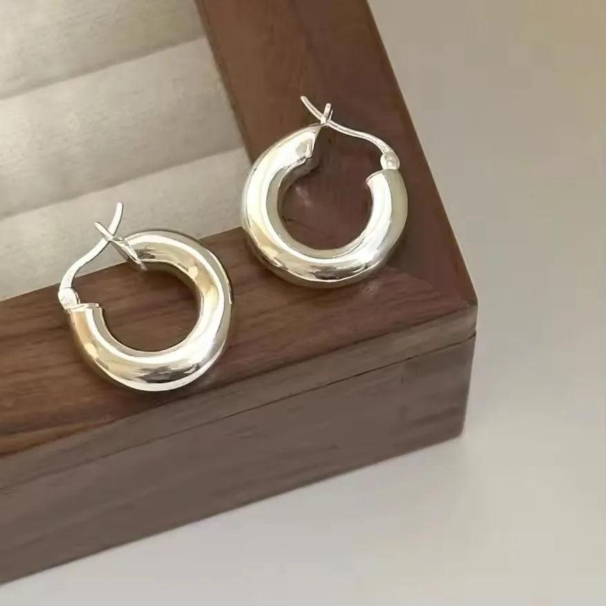 PANJBJ925 Sterling Silver Frosting Hoop Earrings For Women Texture Geometry Design Tr lifestyle view