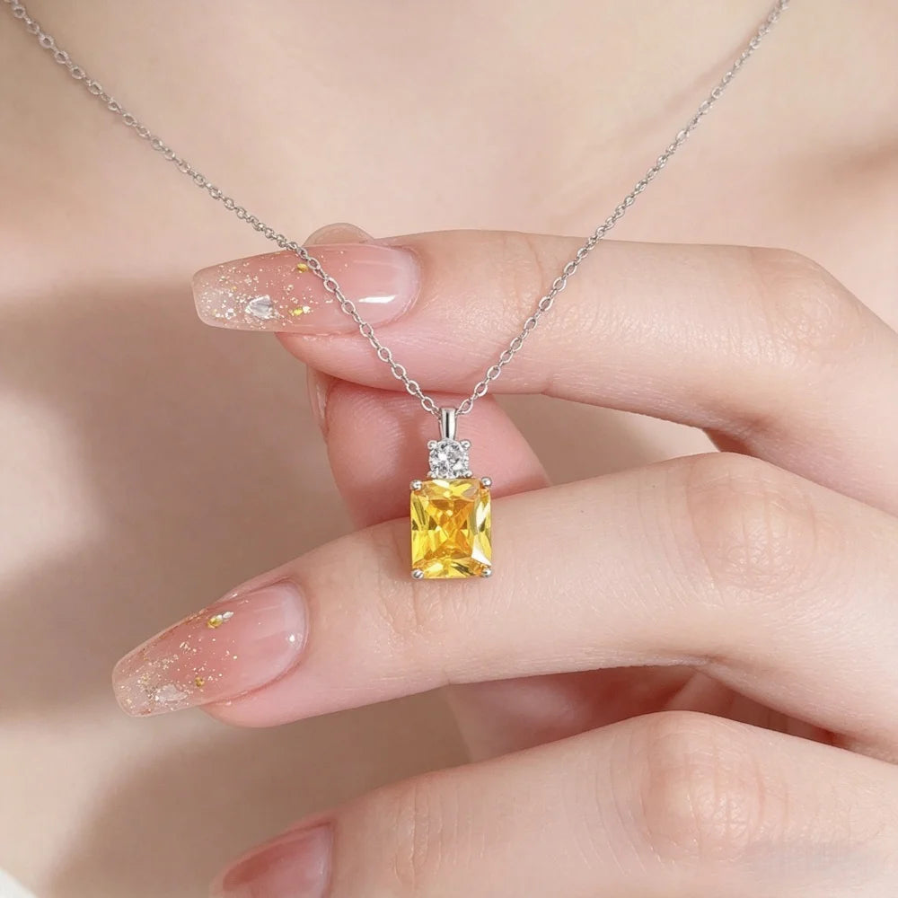 925 Silver Radiant Cut Yellow Crystal Pendant Necklace Women Sparkling Cubic Zircon additional angle