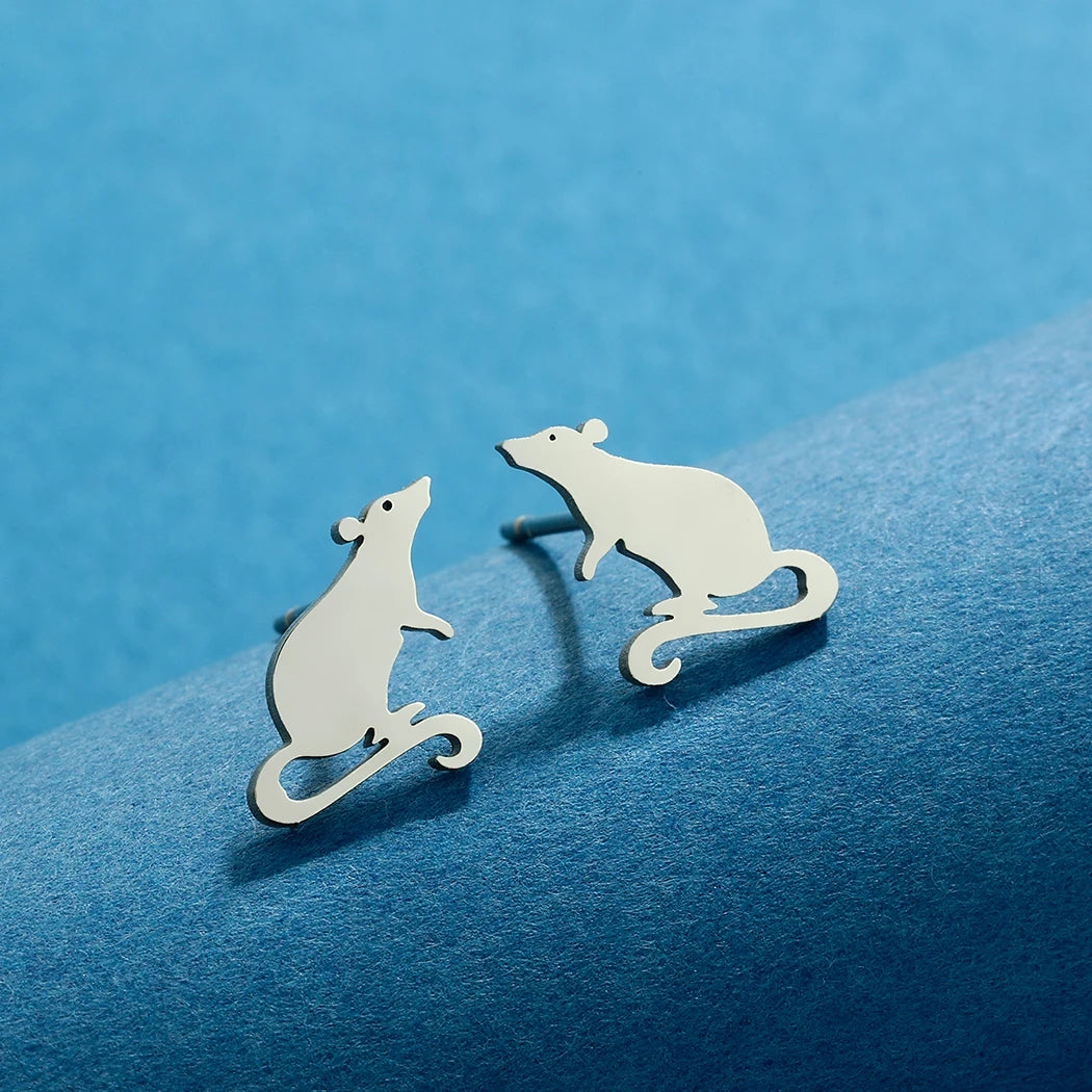 Kinitial Adorable Rat Stud Earrings Stainless Steel Cute Rodent Party Jewelry Accessories Gift For M