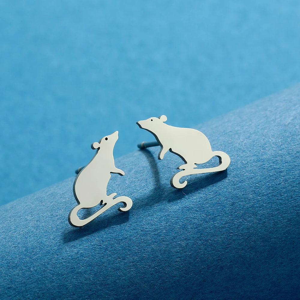 Kinitial Adorable Rat Stud Earrings Stainless Steel Cute Rodent Party Jewelry Accessories Gift For M