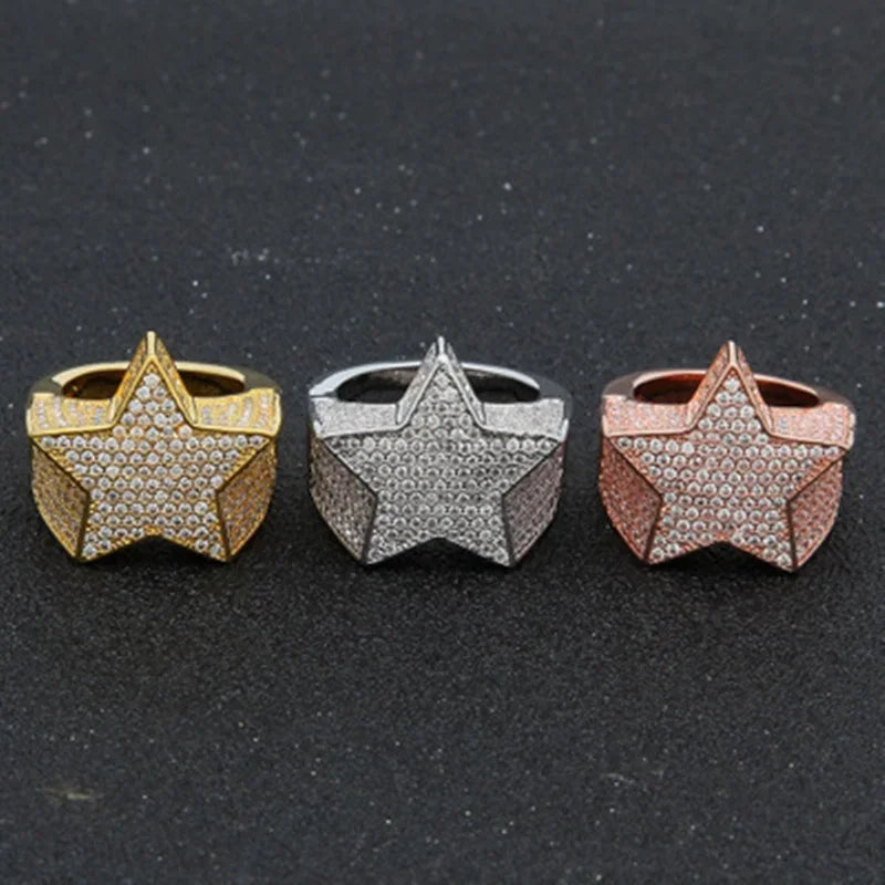 Milangirl New Hip Hop Rock Five Star Rings Men Luxury Women Rhinestones Zircon Pentagram Rings Women