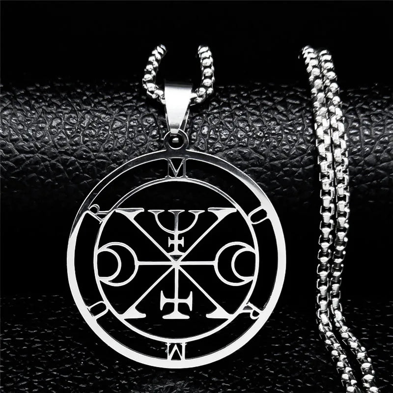 Sigeal Sigil De Lucifer Stainless Steel Satan Necklace | Asmoday Key Baphomet Pendant close-up view