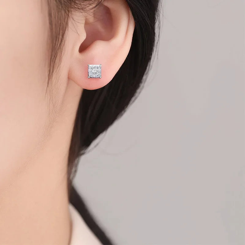 High Carbon Diamond Square 925 Sterling Silver Stud Earrings Premium Color Ice Flower close-up view