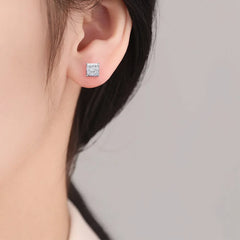 High Carbon Diamond Square 925 Sterling Silver Stud Earrings Premium Color Ice Flower close-up view