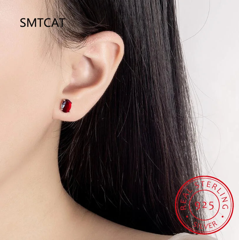 Oval Cut Red Genuine Natural Garnet Ruby 925 Sterling Silver Stud Earring for Women Fash detail view