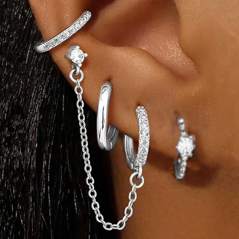 4PC Chain Huggie Earring Set | Flower Tragus Hoop Earrings for Women alternate view