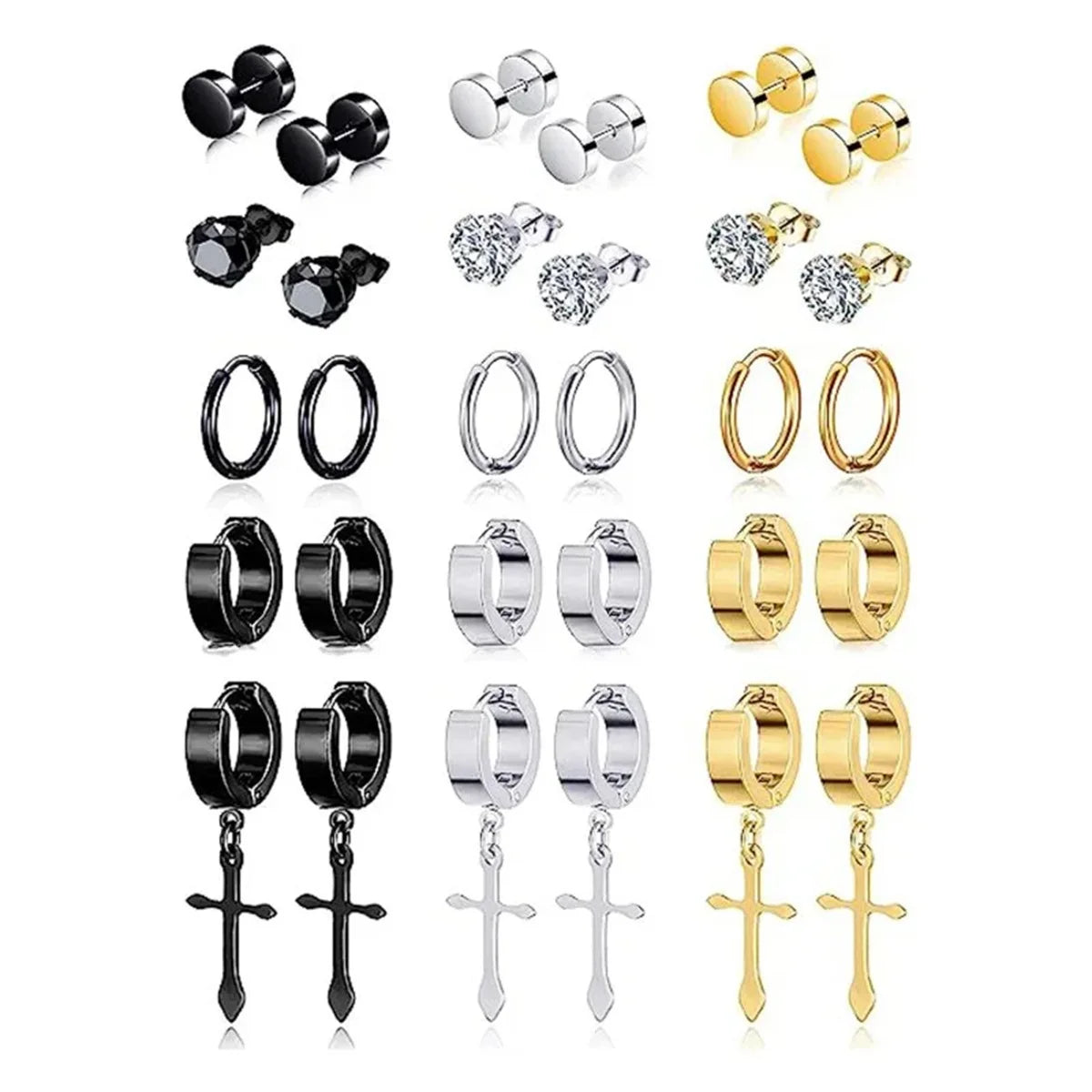 1/15Pairs Punk Cool Gothic Stainless Steel Stud Earrings Set for Men Women,Fashion Tragu detail view