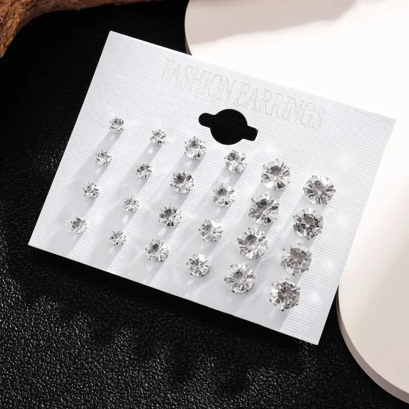 White Crystal Wedding Stud Earrings for Women Men 12 Pair close-up view
