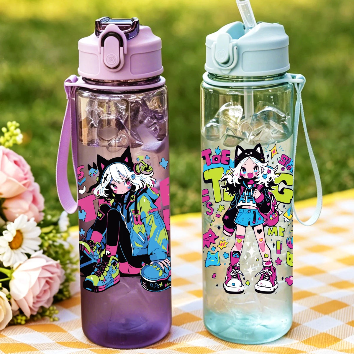 1 Piece 750ml (26 fl oz) Cartoon Anime Girl Printed Straw Cup, Summer Water Bottle, BPA Free, Portab