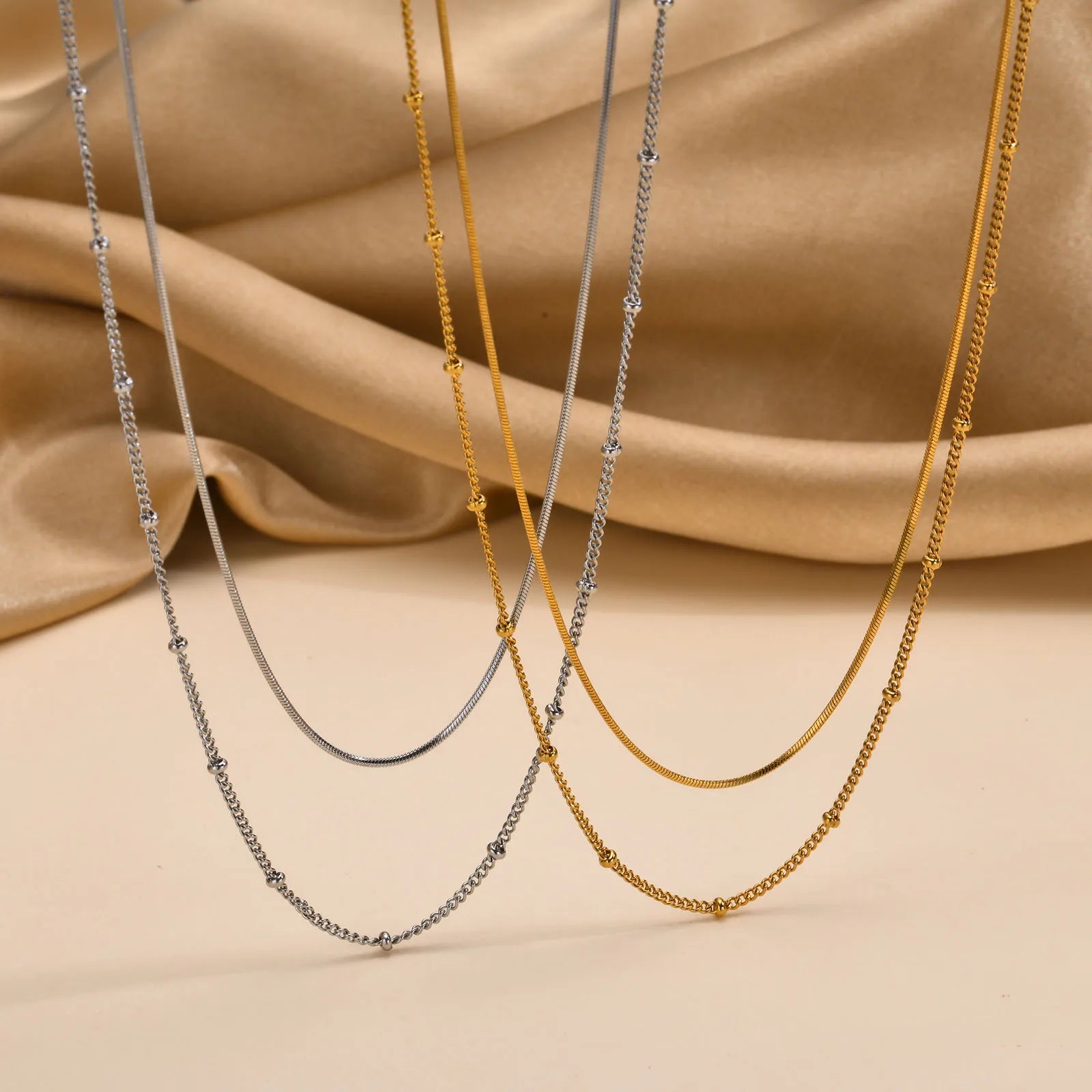 Dainty Gold Layered Bead Chain Necklace | Stainless Steel Star Pendant Jewelry lifestyle view