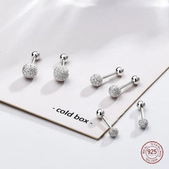 925 Sterling Silver Round Bead Double Stud Earrings for Girls Simple Screw Scrub Ball Female Earring