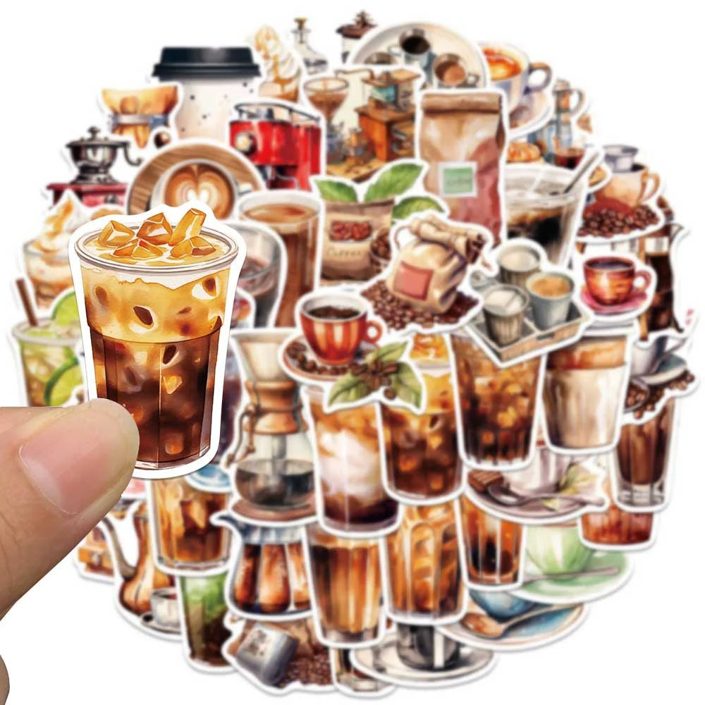 Coffee Lover Cartoon Sticker Pack | 50 Waterproof Decals for Laptop Helmet close-up view