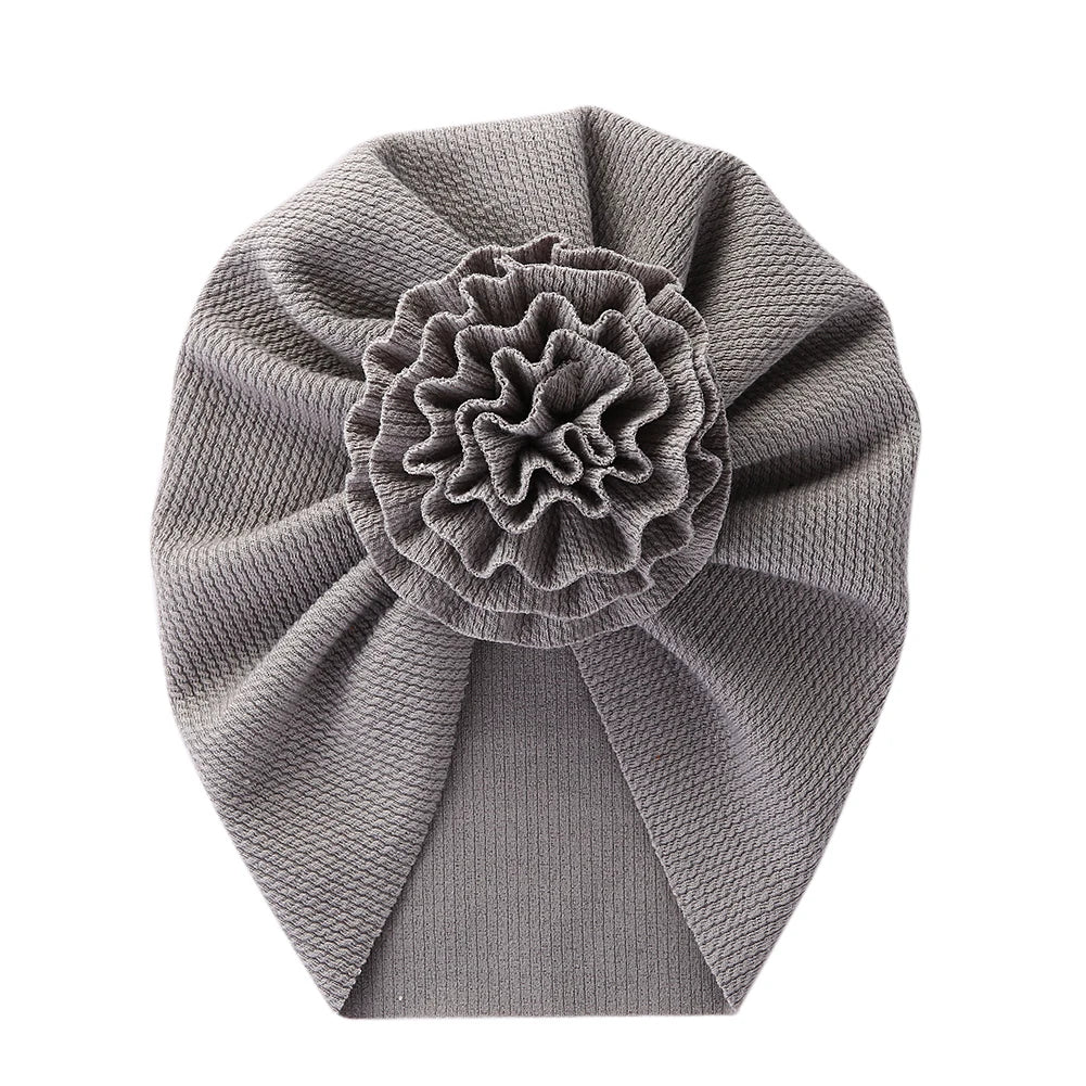 Big Blossom Flower Ribbed Turban Baby Hat | Soft Cotton Topknot Bonnet for Newborns and detail view