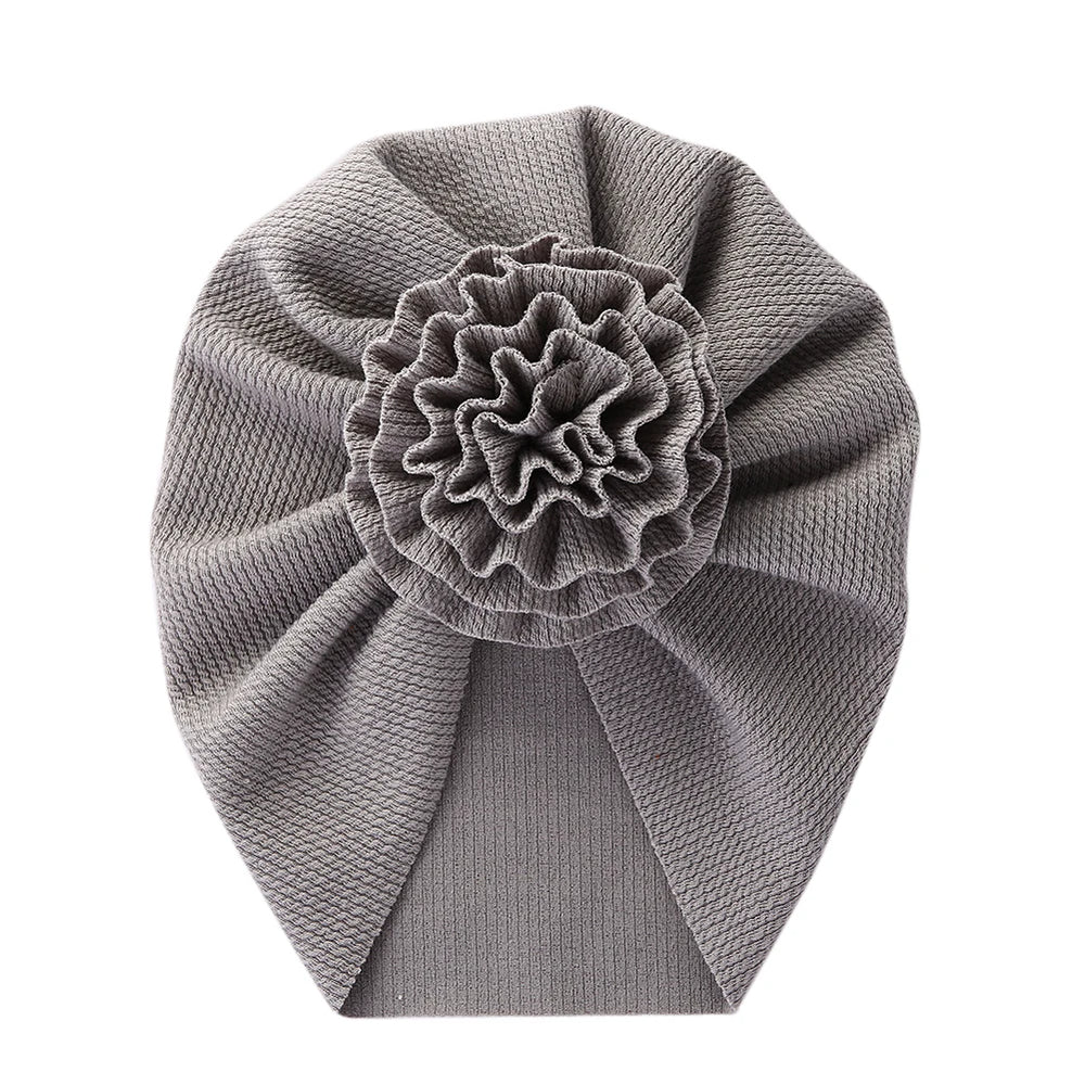 Big Blossom Flower Ribbed Turban Baby Hat | Soft Cotton Topknot Bonnet for Newborns and detail view