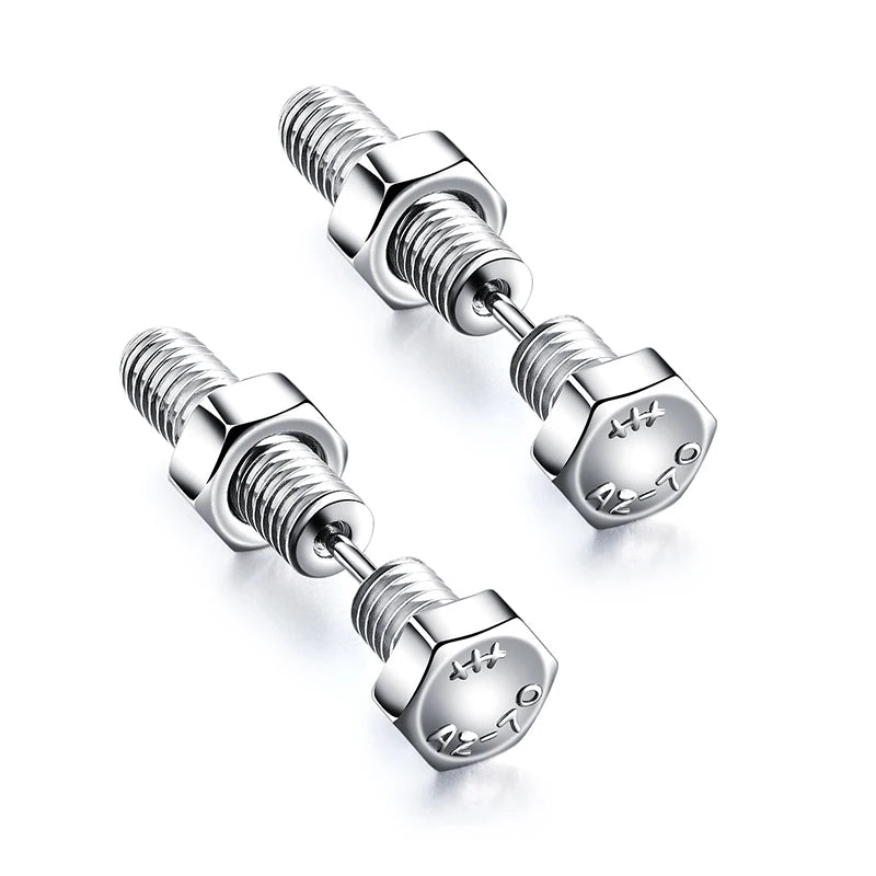 2pc New Gothic Unisex Punk Rock Stainless Steel Nail Screw Piercing Stud Earrings Novelt detail view