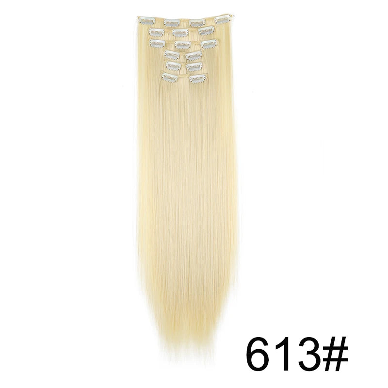 Synthetic 24 Inch Clip In Hair Extensions | Long Straight Blonde Black Heat Resistant close-up view