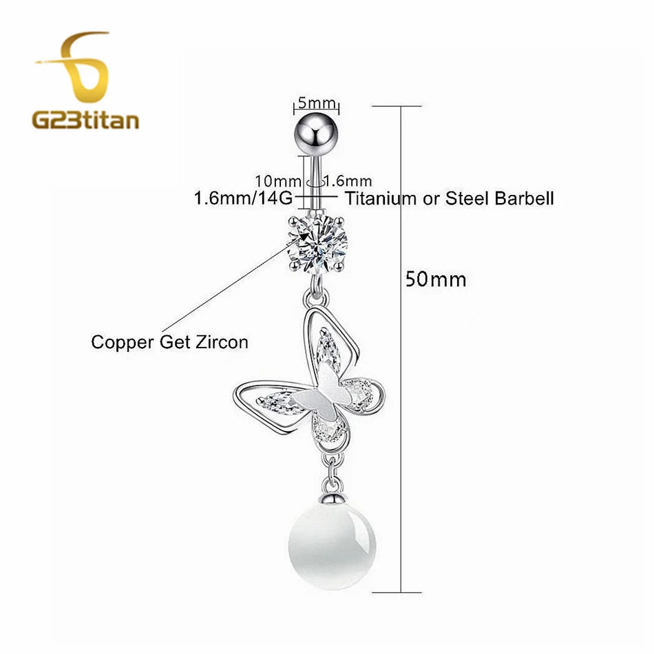 Long Belly Button Rings for Women 14G Titanium Bar Butterfly Heart Charms Dangle Na additional angle