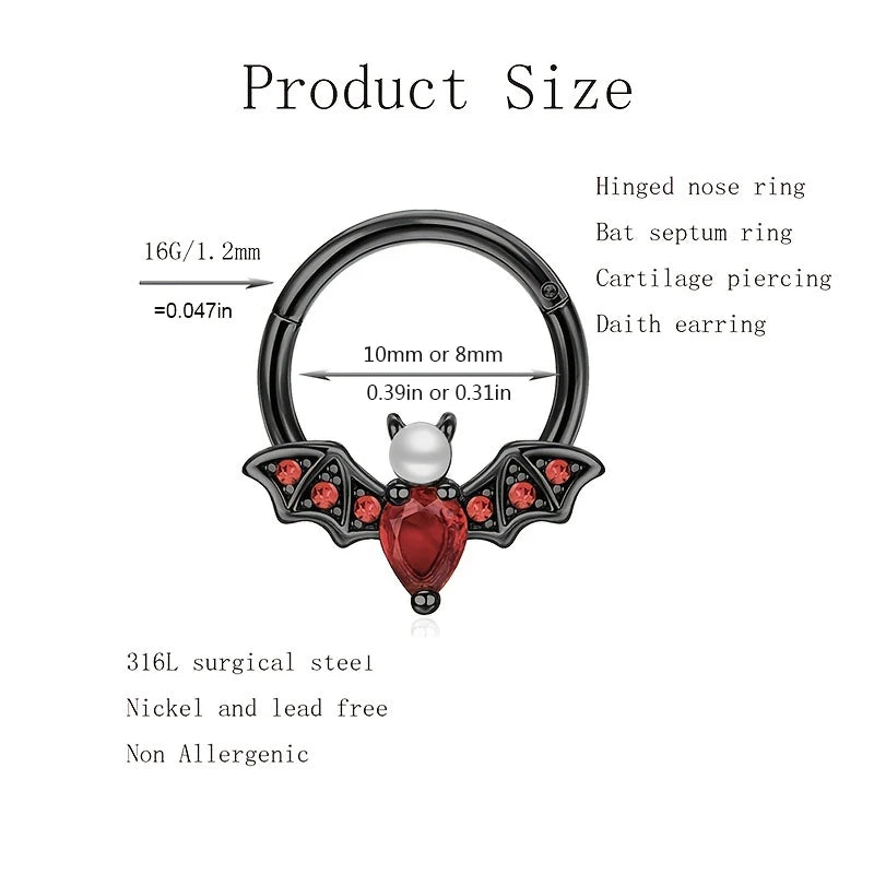 1Pcs 16G Halloween Bat Septum Nose Ring Inlaid Shiny Zircon, Sweet Hinged Nose Ring Sept detail view