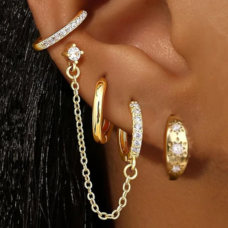 4PC Chain Huggie Earring Set | Flower Tragus Hoop Earrings for Women close-up view