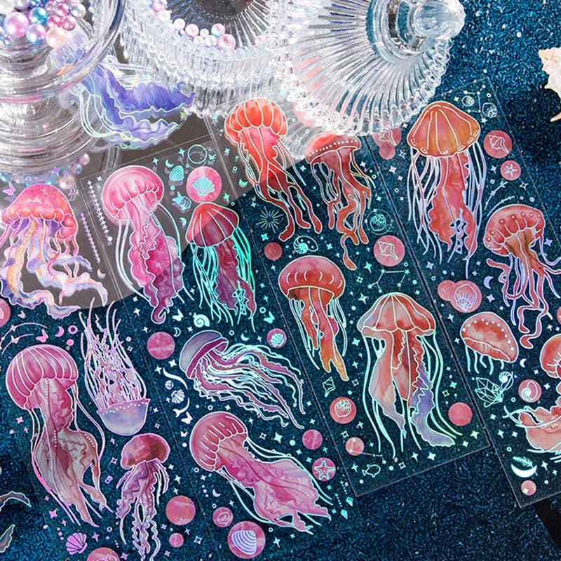 Jellyfish Theme PET Waterproof Stickers | Vintage Ocean Art for Scrapbooking detail view