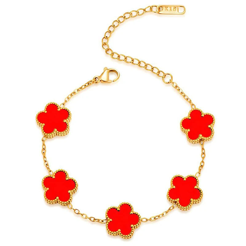 14K Gold Plated Stainless Steel Necklace Woman Five Leaf Petals Double Sided Necklace lifestyle view