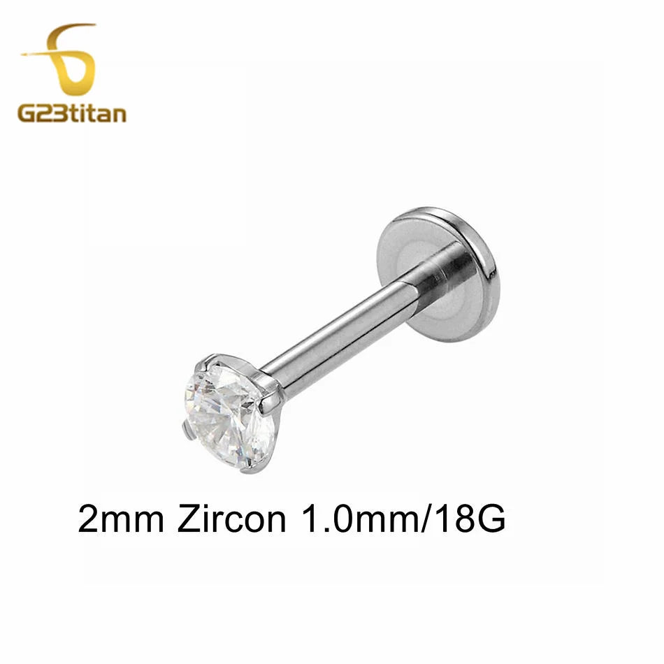 16G 18G Titanium Labret Stud Nose Ring | Zircon Internally Threaded Body Jewelry for T close-up view