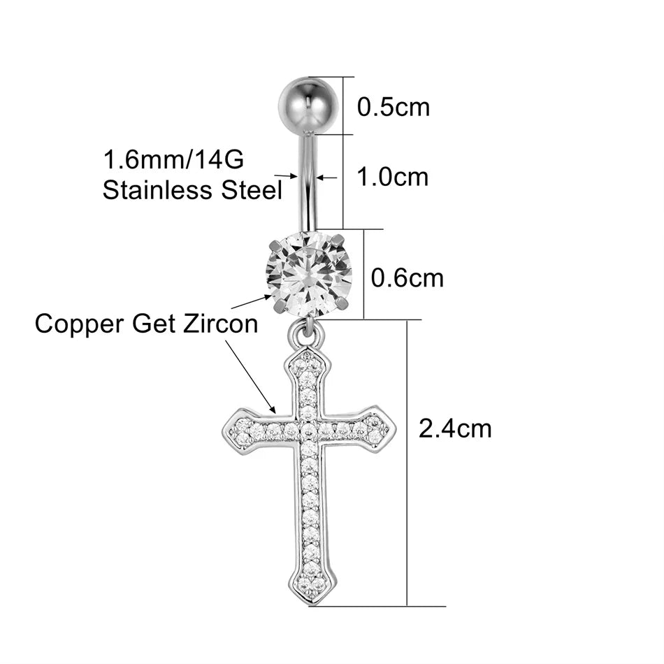 Surgical Cross Dangle Navel Ring Crystal Stainless Steel Belly Button Piercing Earring close-up view