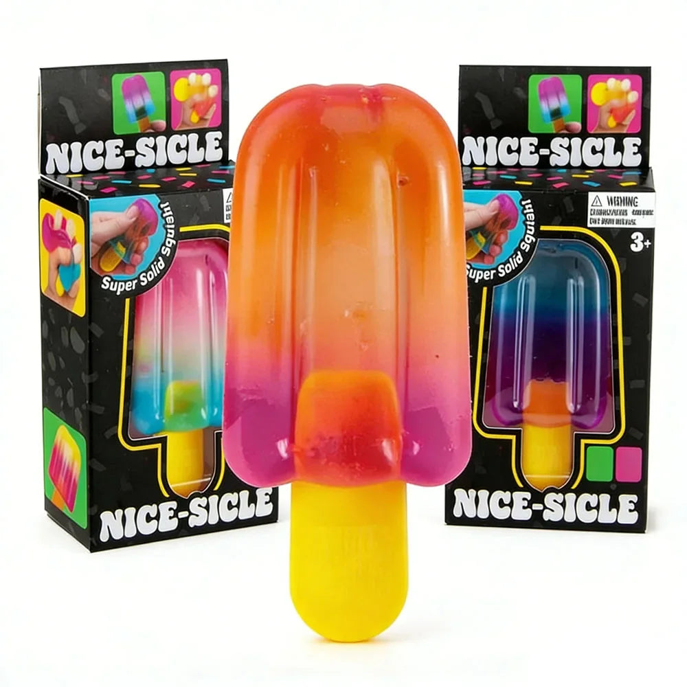 Colorful toy resembling a popsicle with 'Nice-Sicle' packaging on a white background