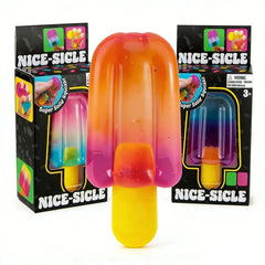 Colorful toy resembling a popsicle with 'Nice-Sicle' packaging on a white background
