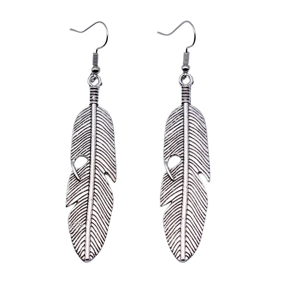 Vintage Feather Dangle Earrings | Boho Drop Earrings for Women additional angle