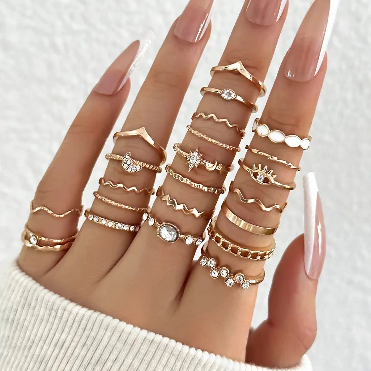 23PCS Fashion Luxury Shiny Zircon Wave Multi-Element Design Women's Ring Set, Suita additional angle