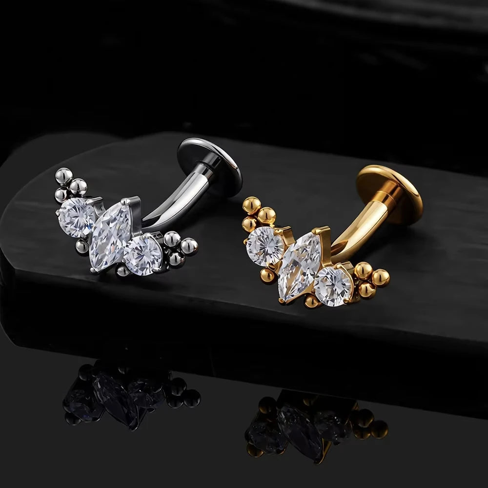 FTCY ASTM F136 G23 Titanium Leaf Branch Push In Threadless Labret Piercing Crystal Belly detail view
