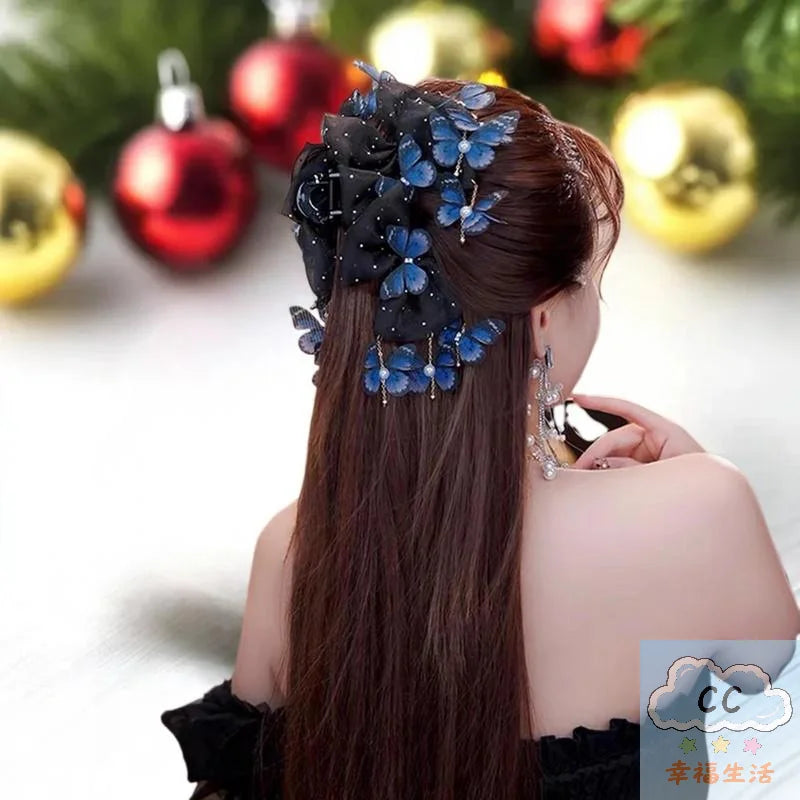 Trendy Butterfly Tassel Hair Claw; Mesh Shark Clip For Ponytail; Must-Have Hair Accessory For Women