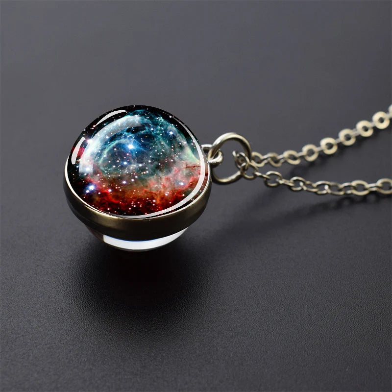 Solar System Glass Ball Pendant Necklace | Astronomy Galaxy Jewelry close-up view