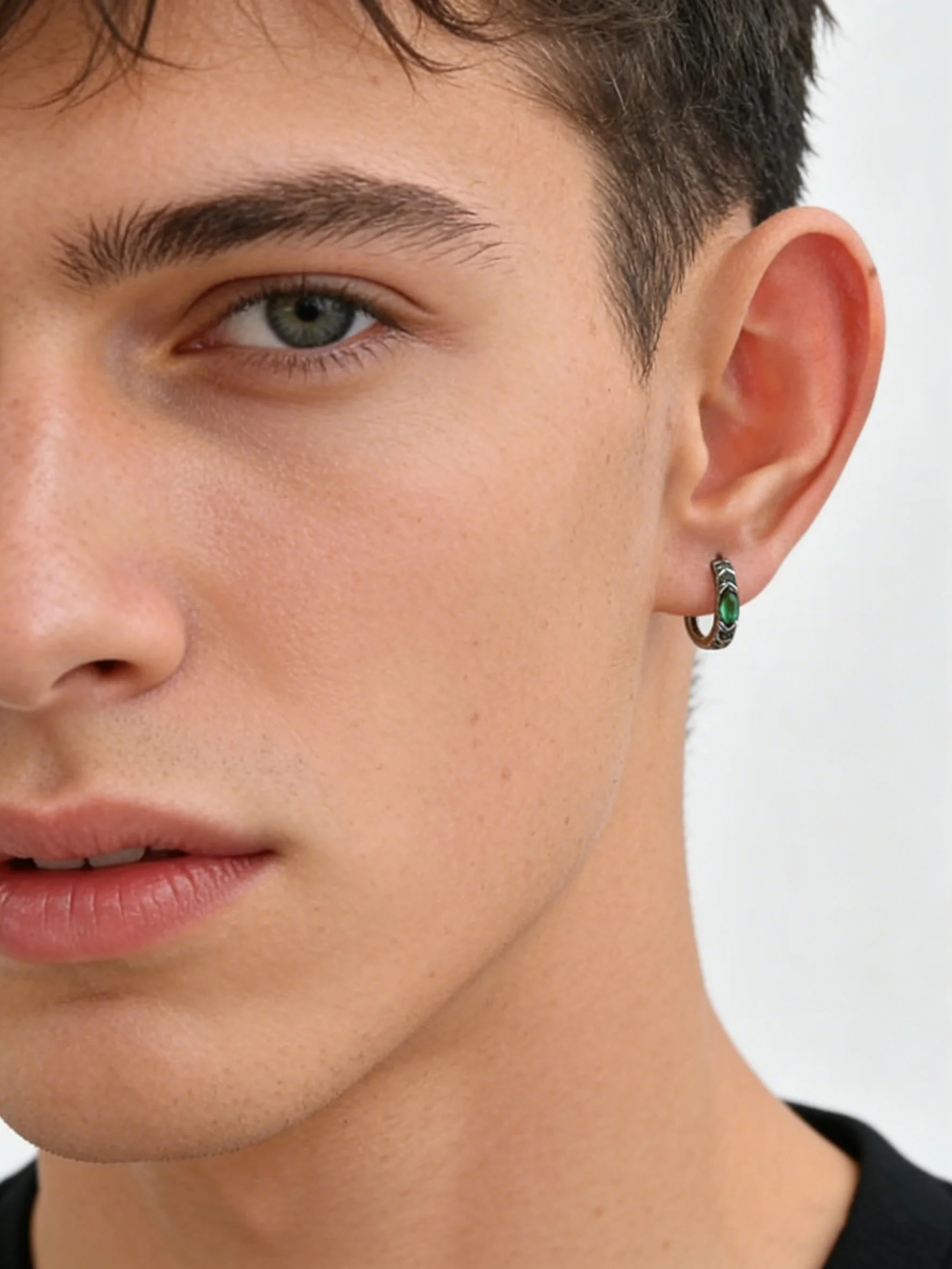 Stylish Green Zircon Minimal Hoop Earrings for Men, Vintage Small Huggie Earrings, Hy lifestyle view