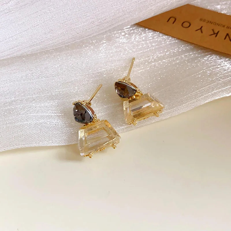 New Vintage Blue Coffee Square Oval Rhinestones Stud Earrings Women Shiny Cubic Geometri detail view