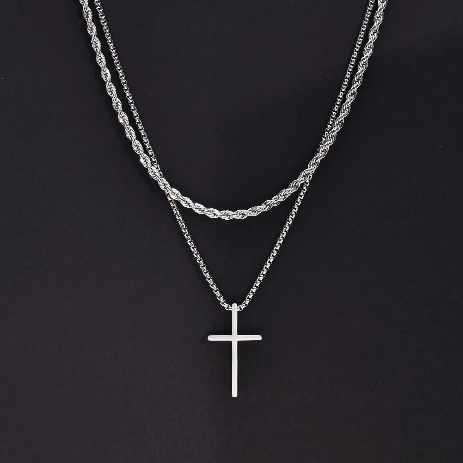 Men's Stainless Steel Layered Cross Necklace | Simple Prayer Pendant with Rope Box Chain detail view