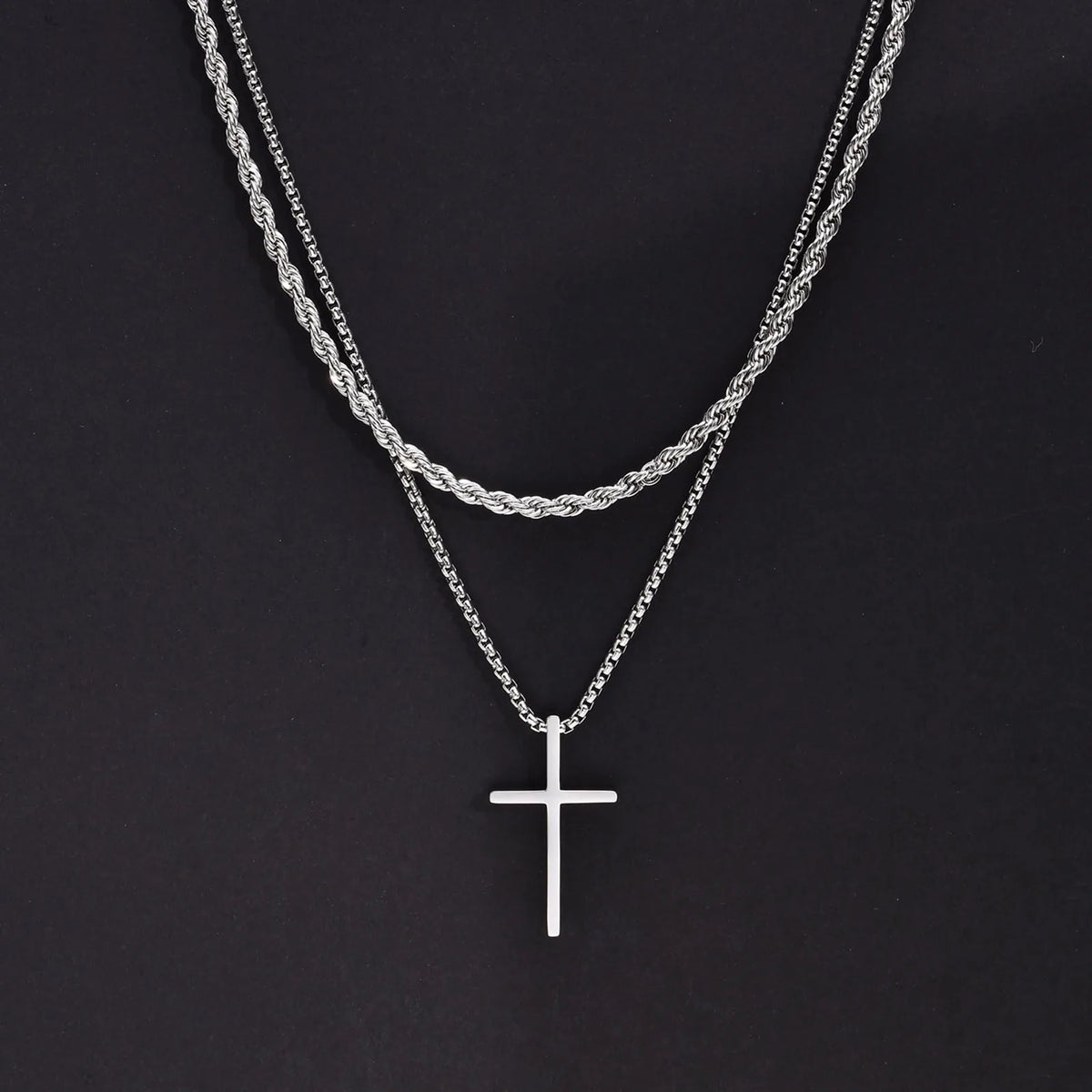 Men's Stainless Steel Layered Cross Necklace | Simple Prayer Pendant with Rope Box Chain detail view