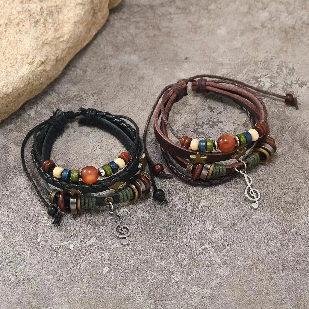 Handmade Hippie Design Brown Leather Bracelet Women Metal Star Note Charms Wood But additional angle