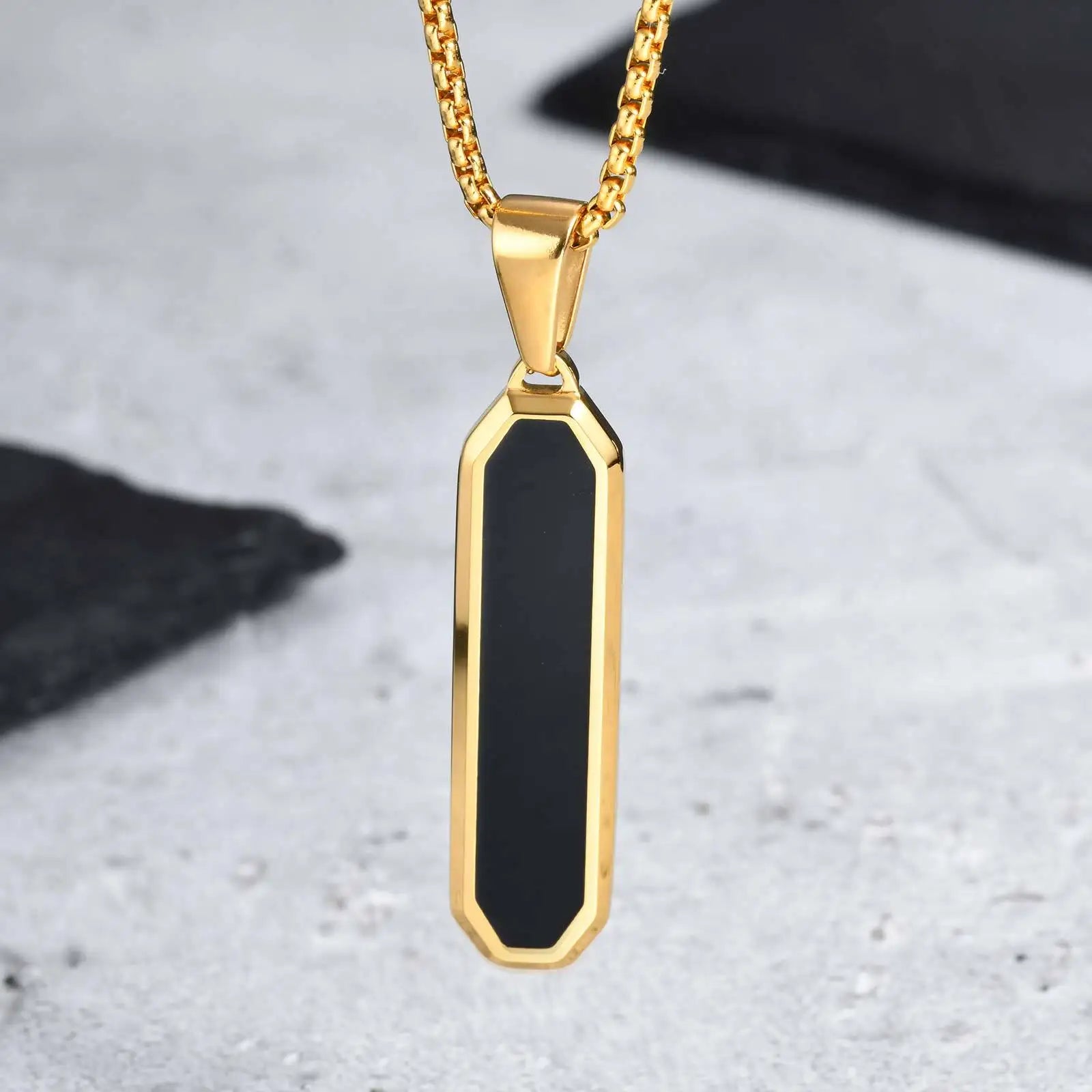 Men's Geometric Square Necklace | Black Enamel Rectangle Pendant with Rope Chain detail view