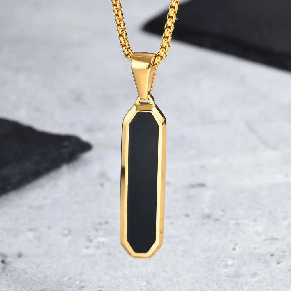 Men's Geometric Square Necklace | Black Enamel Rectangle Pendant with Rope Chain detail view